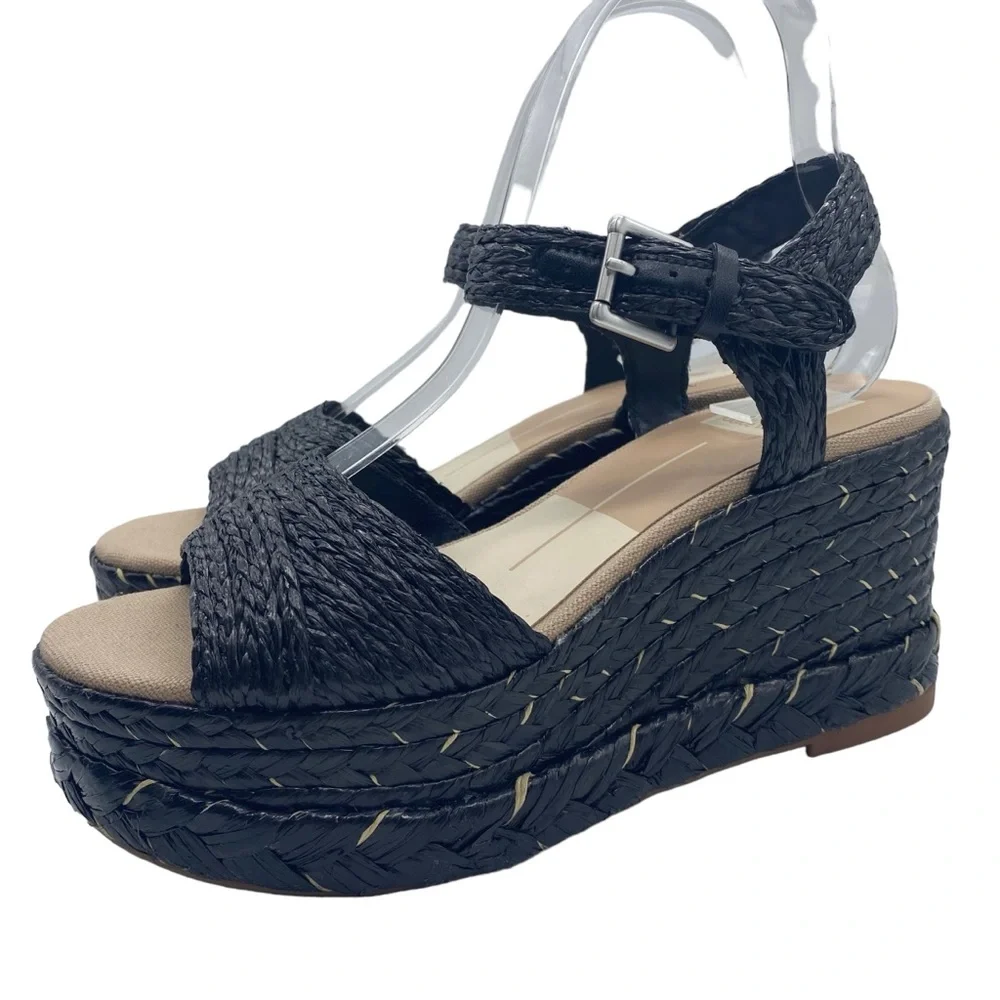 Dolce Vita Sandals Tiago Raffia Black Wedge Strappy Buckle Platform Casual NEW